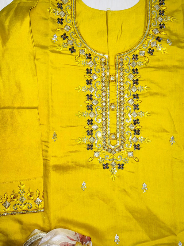 Stitched Yellow Silk Blend 3-Piece Suit with Hand Embellished Neckline & Printed Floral Dupatta – Festive Pakistani Wear