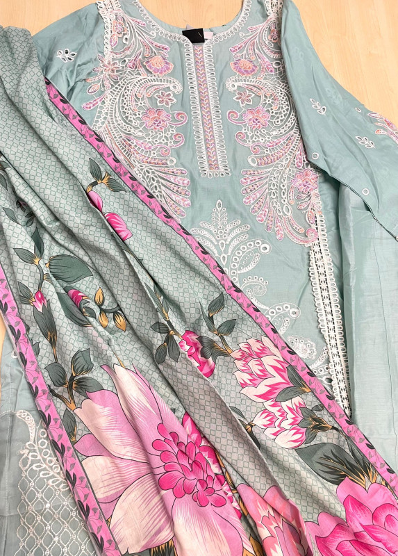 Elegant Blue Stitched Pakistani Cotton Suit with Embroidery & Lace Detailing – 3 Piece Set