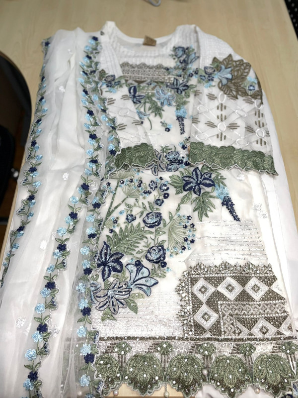 Stitched White Chiffon 3-Piece Suit with Blue & Green Embroidery, Elegant Pakistani Formal Wear