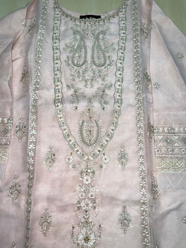 Baby Pink Organza Three Piece Festive Wear Dress